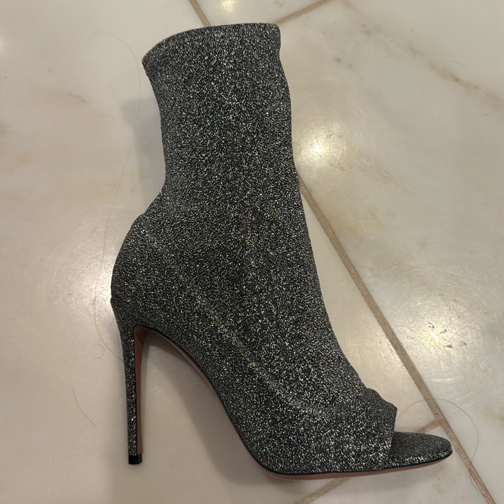 Aquazzura Metallic Silver Eclair Mid Calf Sock Boot Size US 6.5 IT 36.5